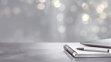 A minimalistic workspace with a white desk, metallic laptop, silver pen,