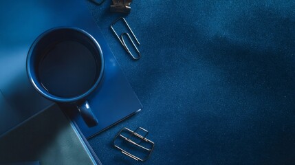 A modern office desk setup with a dark blue tone features a neatly arranged coffee cup on a closed notebook,