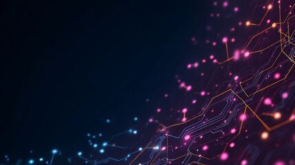 An abstract digital network background featuring geometric shapes like diamonds and rectangles with orange and pink ligh