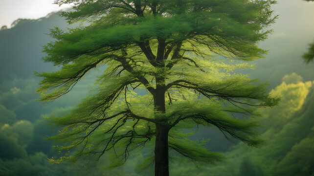 A tall tree with lush green foliage stands prominently in a misty forest landscape. - Powered by Adobe