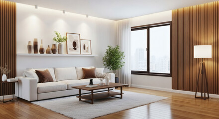 Fototapeta premium A modern living room bathed in natural light, featuring contemporary furnishings, and a harmonious blend of textures. 