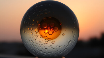 A mesmerizing glass sphere art piece with a unique, bubbled texture and warm amber center, backlit by a soft sunrise.