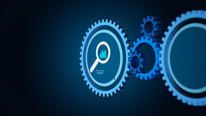 Data analysis and insight discovery concept with magnifying glass and graph icon inside interconnected gears symbolizing analytical systems
