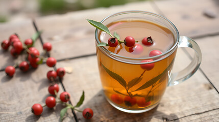 A glass cup of herbal tea with fresh rosehips on rustic wooden surface, outdoors.