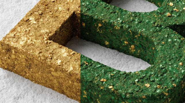 Vibrant 3drendered emerald and gold gradient letter b glowing softly on white textured background, modern and elegant design with copy space for branding or text