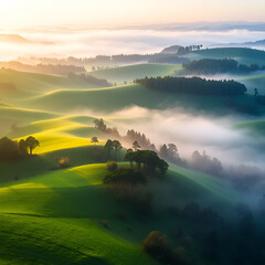 A stunning view of rolling green hills surrounded by trees and mist at dawn. The soft light highlights the natural beauty and serenity of the landscape, inviting exploration