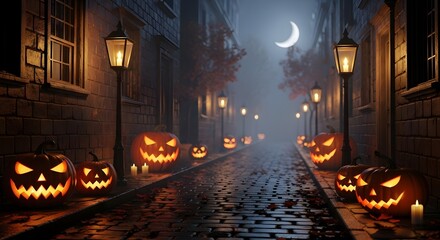 Halloween Full Moon Sky with Pumpkins and Bats