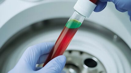 Close-up of a blood sample in a test tube, displaying distinct separated layers, held by a gloved hand in front of a laboratory centrifuge.