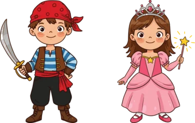 Wandcirkels Piraten Pirate and princess, cartoon kids, fantasy characters, costume play, magic wand, sword pose, vector art, joyful scene, editable design, storytelling theme  © Olaja Vector Vision