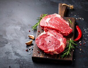 Two raw ribeye steaks on a dark wooden cutting board, surrounded by herbs and spices