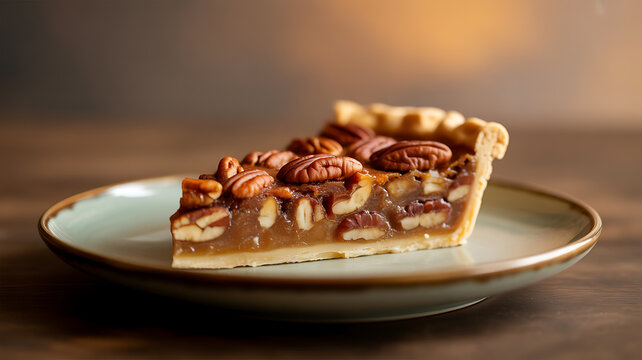 A slice of pecan pie on a ceramic plate, featuring a golden crust and caramelized filling topped with whole pecans.