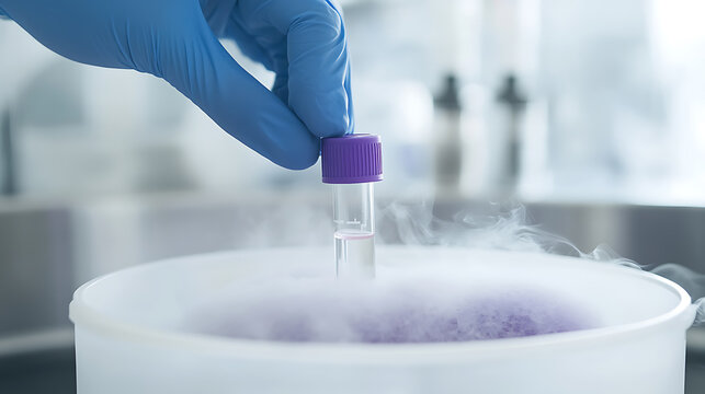 Cryopreservation: Gloved hand holding vial above cold liquid. Laboratory setting, suggesting scientific research or medical preservation process.