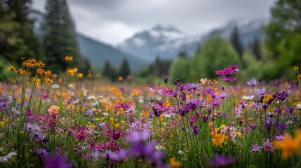 Obraz premium Vibrant Wildflower Meadow Surrounded by Majestic Mountains Under Cloudy Skies