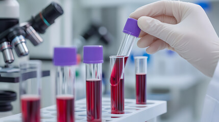 Blood Sample Analysis: Lab technician preparing a blood sample for analysis in a sterile lab environment. Science and research in action.