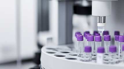 Scientific laboratory equipment analyzes sample vials with purple caps, showcasing precision in a medical research setting for accurate results.