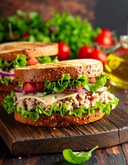 Two tuna sandwiches on toasted bread with lettuce, tomato, onion, and cheese, presented on a wooden board