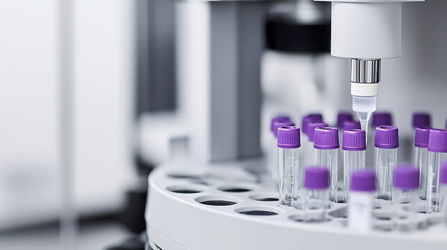 Scientific laboratory equipment analyzes sample vials with purple caps, showcasing precision in a medical research setting for accurate results.