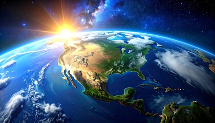 Sunrise over North and Central America, seen from space, detailed terrain