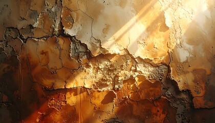 Sunlit, cracked, aged wall with peeling paint and rich, warm tones