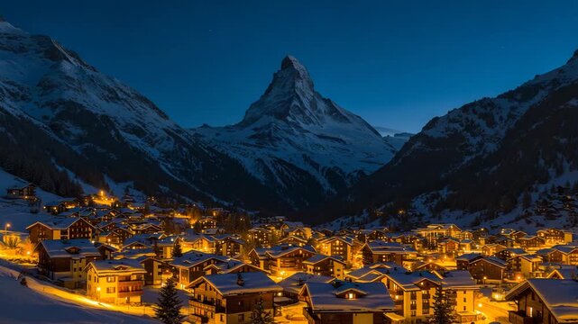 Zermatt village at dusk with the matterhorn mountain in switzerland