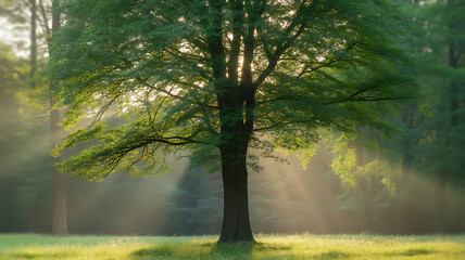 Sunlight filtering through a large tree in a serene forest clearing