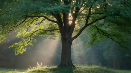 Fototapeta premium Sunlight filtering through the canopy of a large tree in a serene forest setting