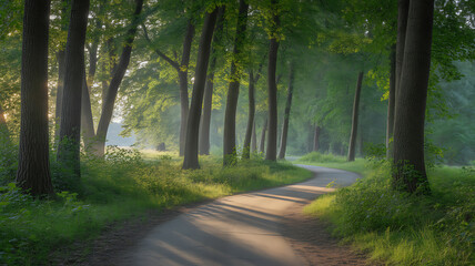 A serene forest path winding through tall trees with sunlight filtering through the canopy on a misty morning