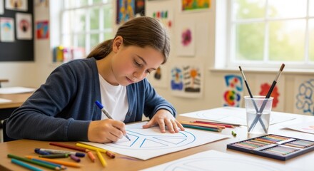 A young girl sitting at a desk in a classroom, drawing a picture with colored pencils.