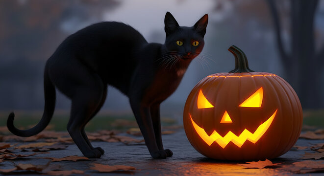 Mysterious Black Cat with Glowing Yellow Eyes Sitting Next to Scary Jack-o'-lantern in Dark Forest - Powered by Adobe