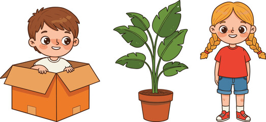 Children indoor play, cartoon kids, cardboard box fun, tropical plant, vector art, joyful moment, editable design, playful scene, nature touch