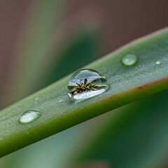 Fototapeta premium Nature's Detail: Crystal-Clear Dew Drop Captured on Fresh Green Leaf