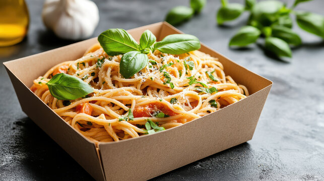 Delicious pasta dish in takeaway box garnished with fresh basil and herbs