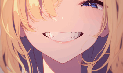 A girl with wavy blonde hair smiles brightly, revealing her teeth, while showcasing her captivating blue eyes against a soft background of colors.