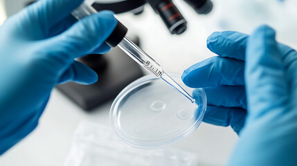 Scientific research: A gloved hand uses a dropper to introduce a liquid sample into a petri dish, with a microscope in the background.