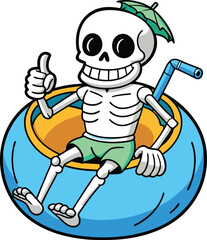 Sunbathing ghosts or beach skeletons Skeleton relaxing on a float with a thumbs up