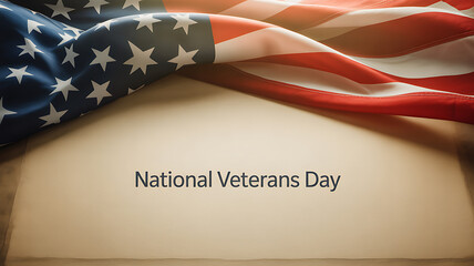 American flag draped over a surface with 'National Veterans Day' text displayed