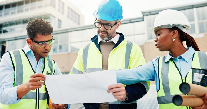 Team, engineering and plan for solar panel maintenance, people on roof for meeting, inspection and clean energy. Engineer collaboration, paperwork and discussion for renewable power upgrade outdoor