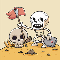 Sunbathing ghosts or beach skeletons Cartoon skeleton victoriously plants flag next to skull