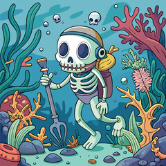 Sunbathing ghosts or beach skeletons Cartoon skeleton diver exploring vibrant coral reefs underwater
