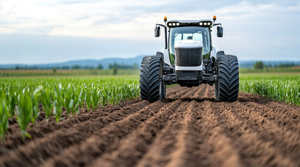 Robotic tractor plowing soil in field of crops, showcasing modern agriculture technology