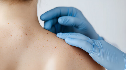 Skin Examination: Doctor examines back for moles.  A medical professional's gloved hand inspects skin for abnormalities, promoting health and preventative care.
