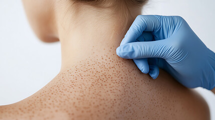 Close-up of skin condition being examined by a professional. Blue glove on hand during diagnosis of a common dermal issue. Professional, medical procedure.
