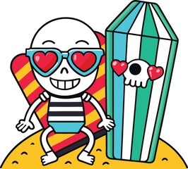 Sunbathing ghosts or beach skeletons Smiling skeleton with heart sunglasses and coffin on a beach