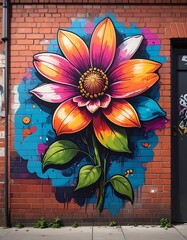 Vibrant flower mural on brick wall
