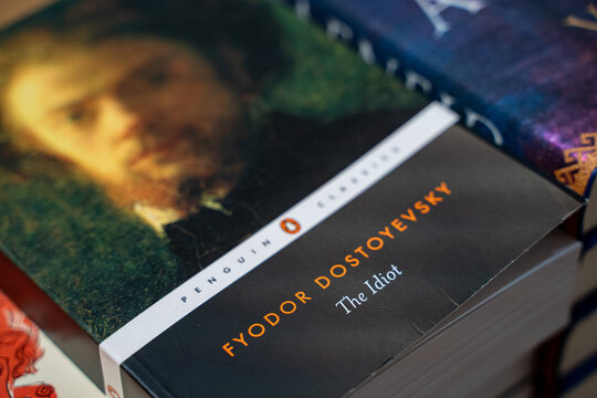 Close up of Fyodor Dostoyevsky book The Idiot on bookstore classics shelf. Toronto, Canada - September 24, 2025.