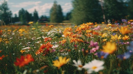 Fototapeta premium Vibrant Wildflower Meadow in Full Bloom: Nature's Colorful Symphony