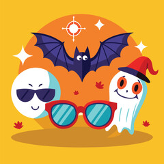 Sunbathing ghosts or beach skeletons Halloween characters wearing sunglasses and festive elements