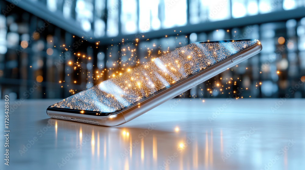 Poster glowing smartphone with holographic display and sparkling effects in modern environment