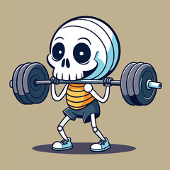 Sunbathing ghosts or beach skeletons Cartoon skeleton lifting weights at the gym