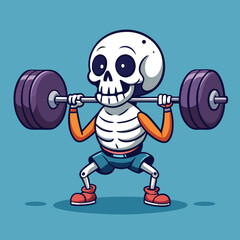 Sunbathing ghosts or beach skeletons Cartoon skeleton lifting weights doing squats fitness exercise